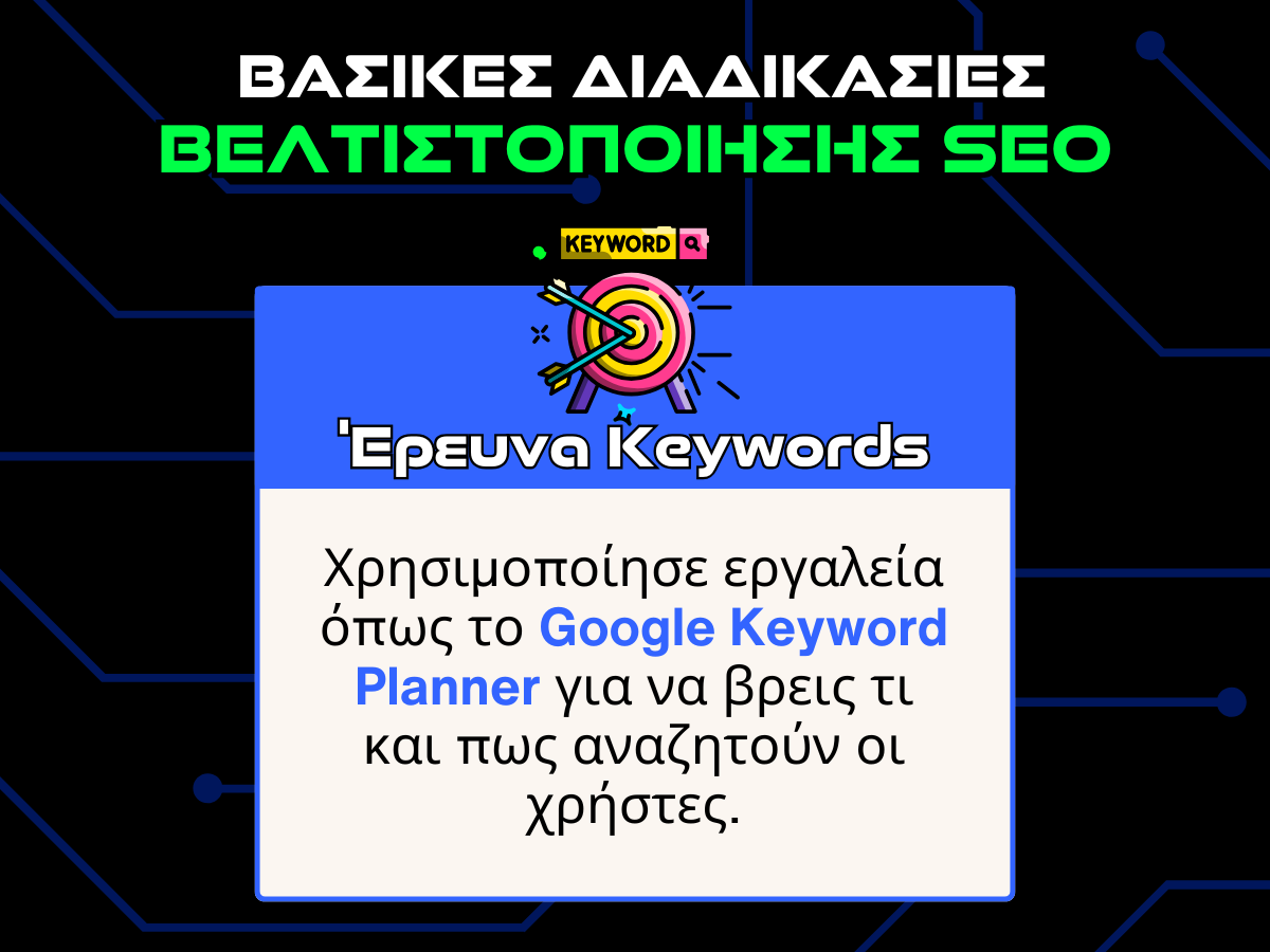 βασικες διαδικασιες βελτιστοποιησης SEO - keyword research infographic