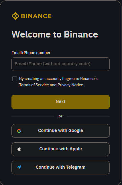 binance sign up screenshot